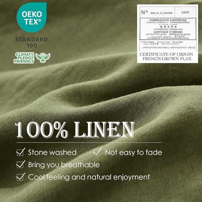 Simple&Opulence 100% Linen Duvet Cover Set 3pcs Basic Style Natural French Washed Flax Solid Color Soft Breathable Farmhouse Bedding with Button Closure - Olive Green, Queen