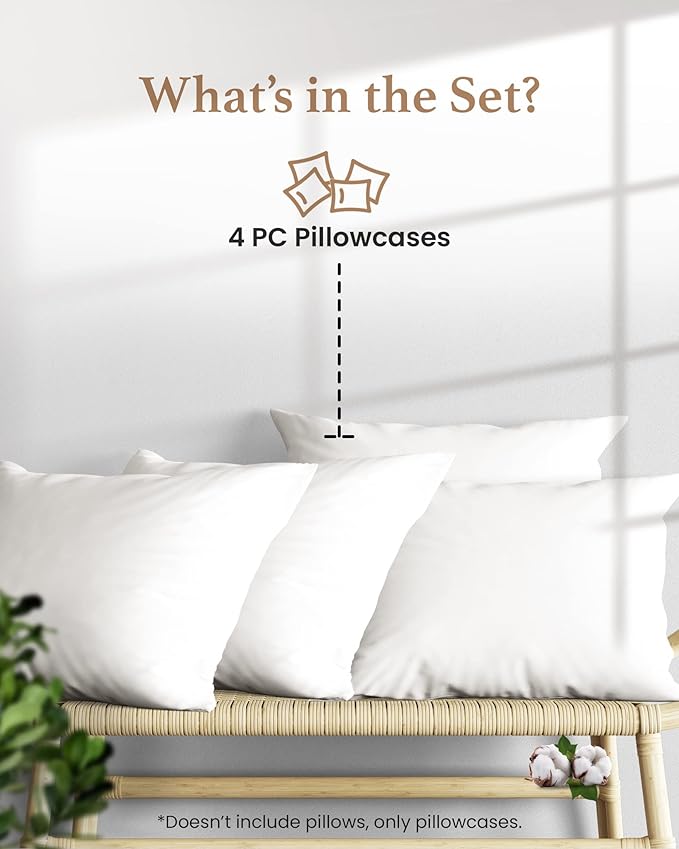 1000 TC White Standard Pillowcases Set of 4 100% Egyptian Cotton Pillow Cases with Long Staple Cotton & Sateen Weave, Silky Soft Hotel - Like Bed Pillow Covers for Comfy Sleeping, Snug Fit