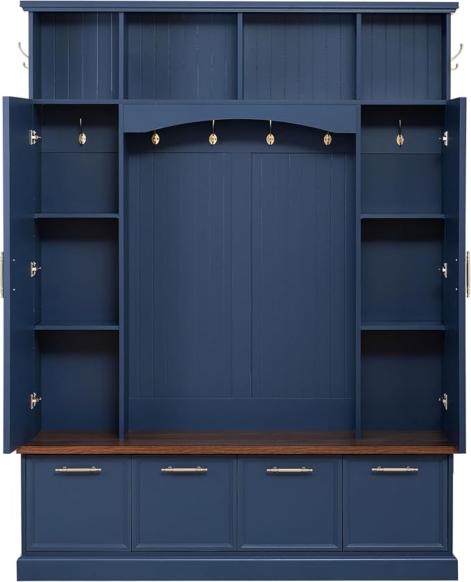 Merax 59" Farmhouse Hall Tree with Golden Hooks & Walnut Bench, Entryway Organizer with Adjustable Shelves, Shoe Storage, Anti-Tip for Mudroom, Living Room, Blue