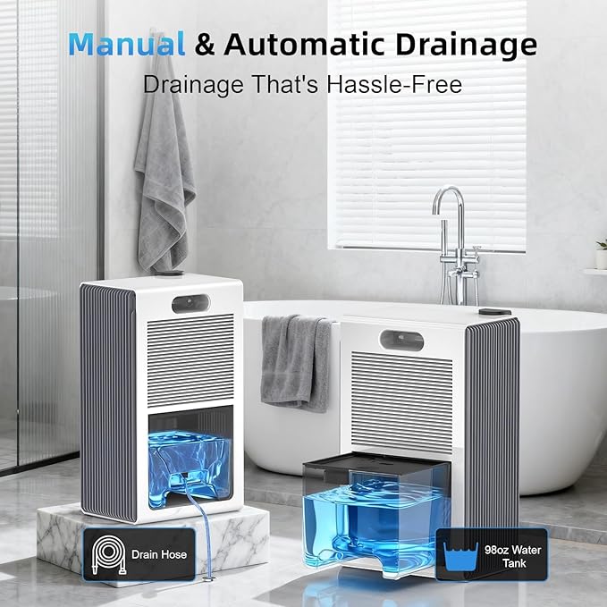 Dehumidifier for Home up to 1000 sq. ft, Small Quiet Dehumidifier with Drain Hose, 98oz Water Tank, Auto Shut Off & 7-Color Ambient Light, for Bedroom, Bathroom, Basement, Living Room (WhiteGrey)