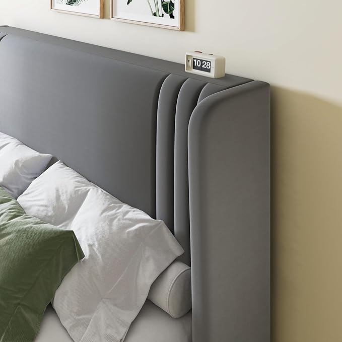 Allewie Full Size Velvet Platform Bed Frame with Vertical Tufted Wingback Headboard, Easy Assembly, Under Bed Storage, No Box Spring Required, Modern Style, Grey