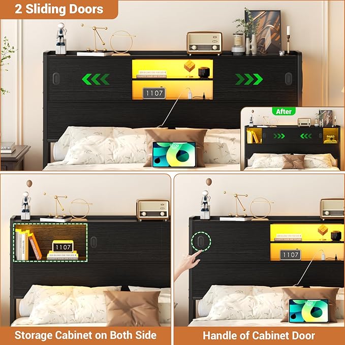 Homieasy Full Storage Headboard with Sliding Doors, Bookcase Headboard with Charging Station & Smart LED Light, Headboard Only for Full Bed, Wood Headboards with Bookshelf
