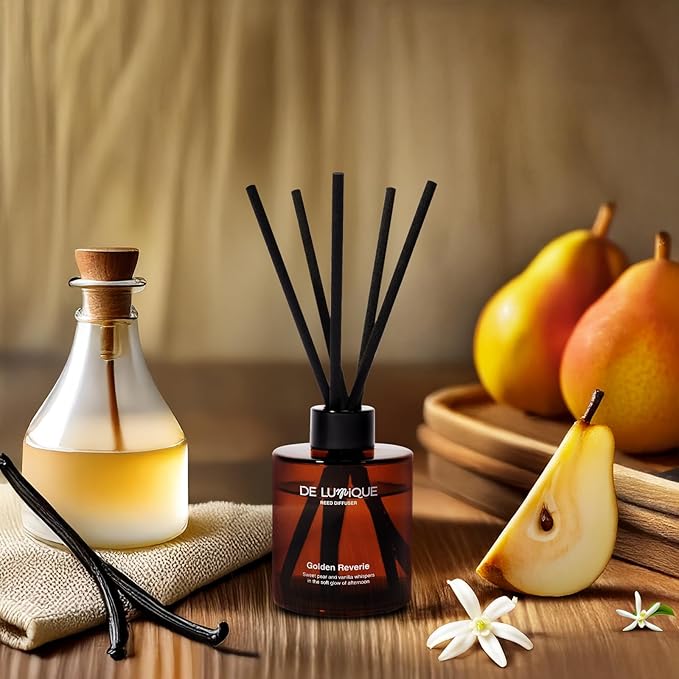 Golden Reverie Scent Aroma Diffuser for Home – Reed Diffuser with Essential Oils – Long Lasting Room Scent Diffuser, Vanilla Pear Scent – 150ml