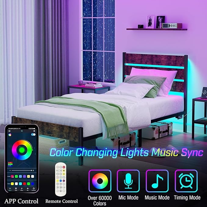 Bed Frame Twin Size with USB Charging Station, LED Light Metal Bed Frame with Wooden Headboard, Metal Platform Bed with Under Bed Storage, Easy Assembly, No Box Spring Needed, Noise Free(Rustic Brown)