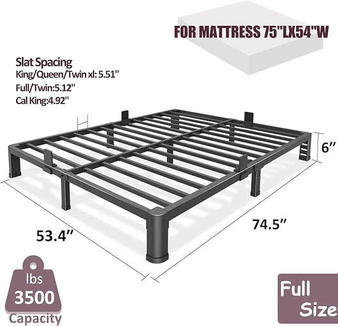 Bilily 6 Inch Low Bed Frame Full with Round Corner Legs,3500 LBS Heavy Duty Low Profile Full Size Bed Frame Metal Platform, No Box Spring Needed, Easy Assembly, Noise-Free, Headboard Compatible,Black