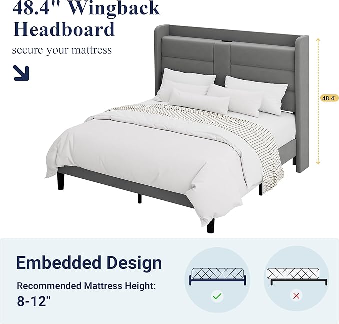 Allewie Full Size Platform Bed Frame with Charging Station & Storage Headboard, Upholstered Velvet Wingback Design & USB Port, Strong Wooden Slats Support, No Box Spring Needed, Easy Assembly, Grey