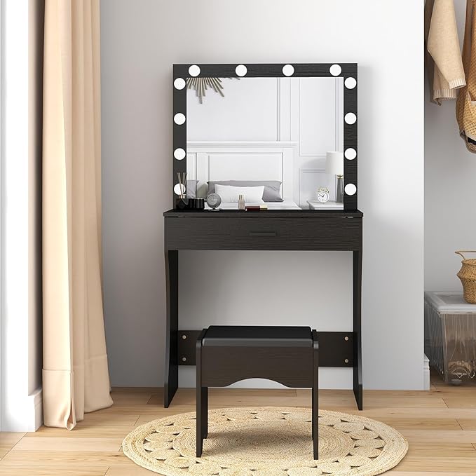Panana Vanity Desk with Mirror and Lights, Black, Medium Size, Tabletop Mount, Makeup Vanity Table with Stool, Bedroom