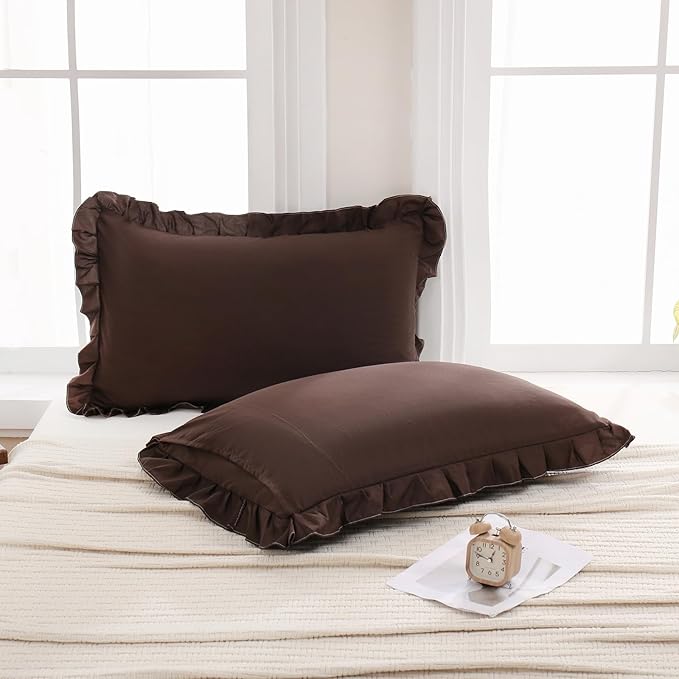 Merryword Dark Brown Pillow Shams Standard Pillowcases 20x26inch Chocolate Cute Pillow Cover Set of 2 Soft Shabby Chic Ruffled Pillowcases
