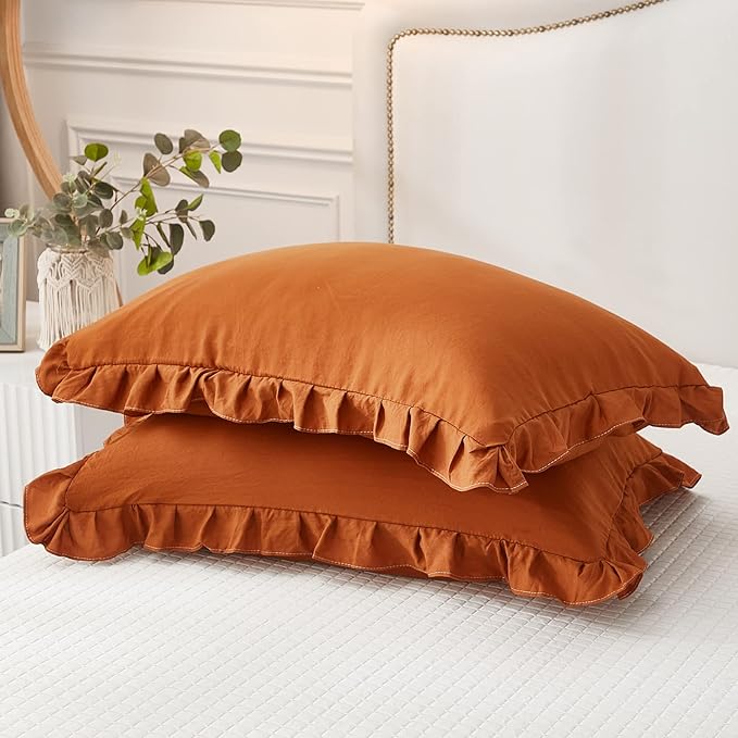 Burnt Orange Pillowcases Cute Pillow Cover Rust Ruffle Queen Set of 2 Shabby Chic Caramel Pillowcases 2 Pack (Queen (20''x30''), Caramel)