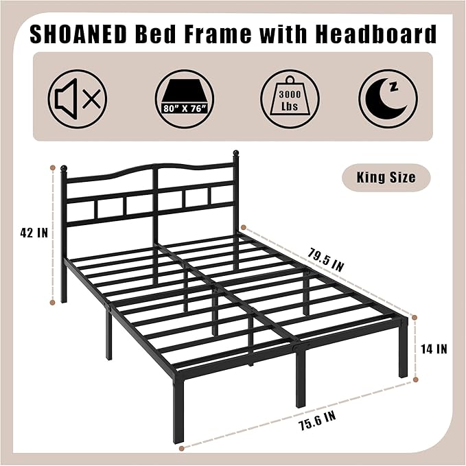 SHOANED Metal Bed Frame with Headboard - 14 Inch King Size Heavy Duty Bedframe Black Basic Steel Slats Platform No Box Spring Needed/Easy Assembly/Noise Free