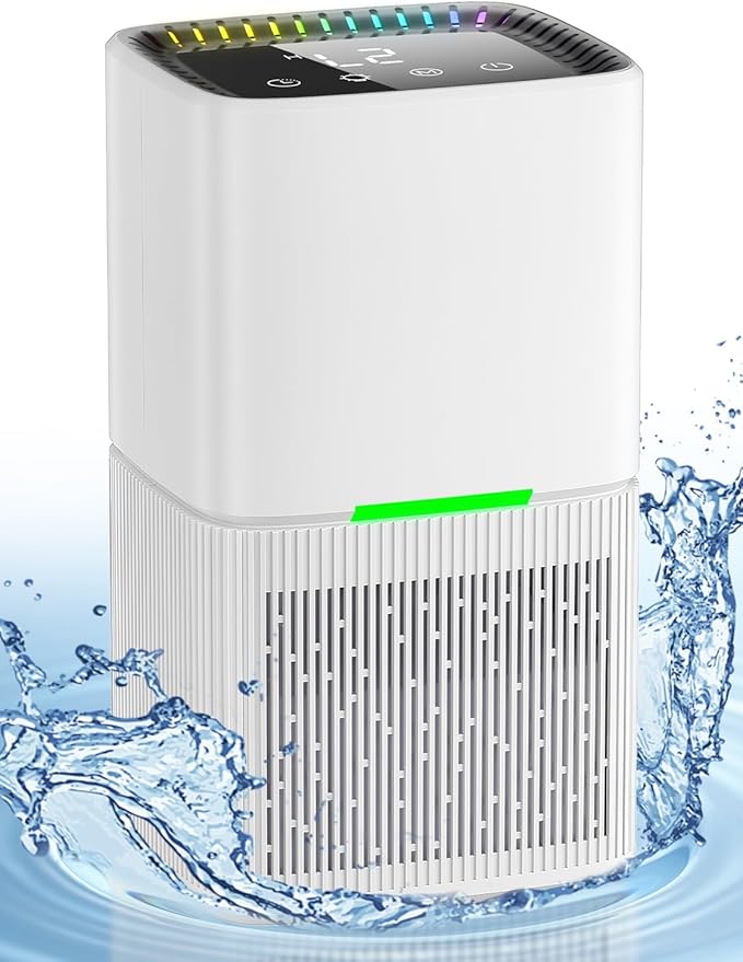 Dehumidifier, 60 OZ Water Tank, Dehumidifiers for Home, 500 sq. ft. Dehumidifier for Basement Bathroom Bedroom with Auto Shut Off, 7 Colors LED Light, Quiet Dehumidifiers with Sleep Mode (White)