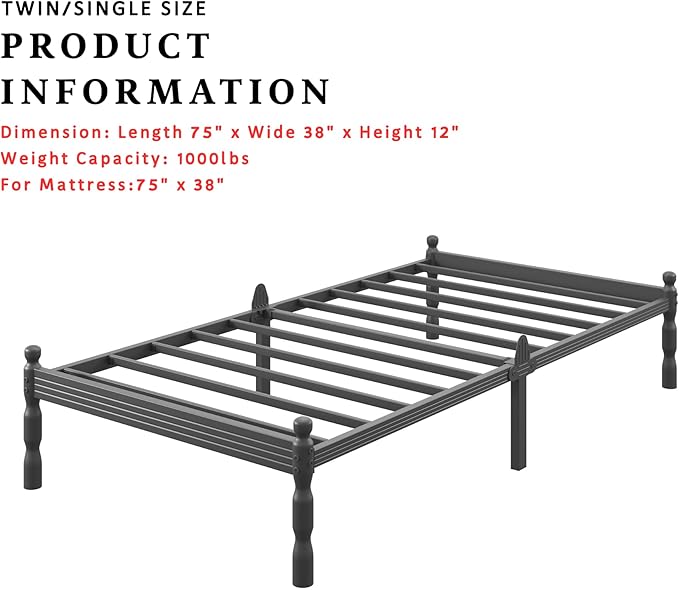 ZIYOO 12 Inch Twin Size Metal Platform Bed Frame - 1000LBS Heavy Duty Anti-Slip, Noise-Free, No Box Spring Needed, 10" Under Bed Storage for Kids/Adults (Vintage Black)