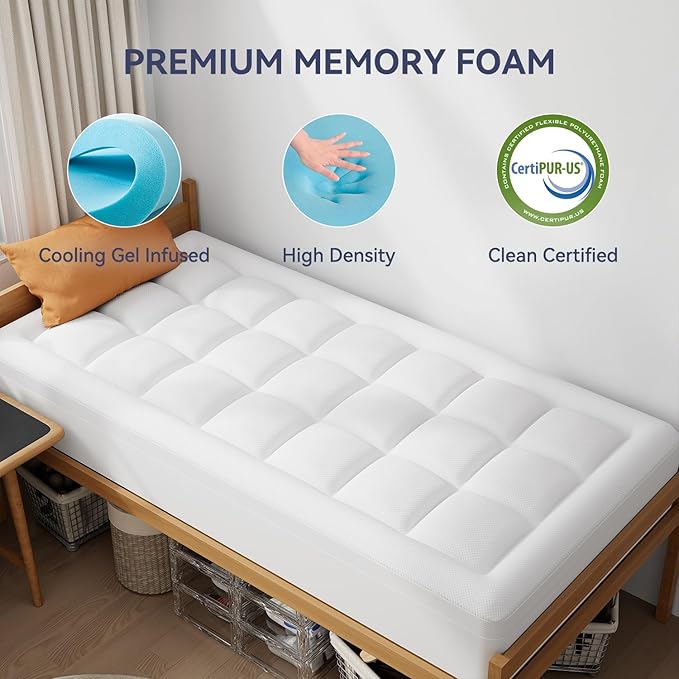 ELEMUSE 3 Inch Twin Size Dual Layer Memory Foam Mattress Topper, 2 Inch Cooling Gel Foam, 1 Inch Soft Pillowtop Pad, Pressure Relief Bed Topper for Kids, Guest Room & Bunk Bed, Comfortable Support