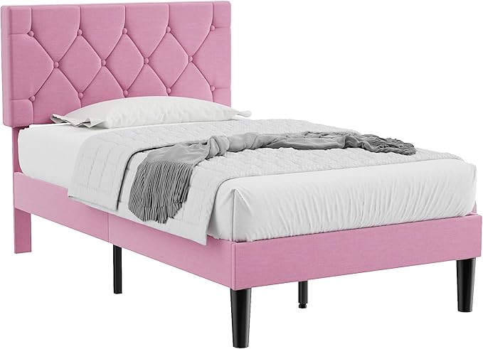 VECELO Twin Size Bed Frame with Button Tufted Headboard, Upholstered Platform Bedframe with Wood Slat Support, No Box Spring Needed, Linen Pink