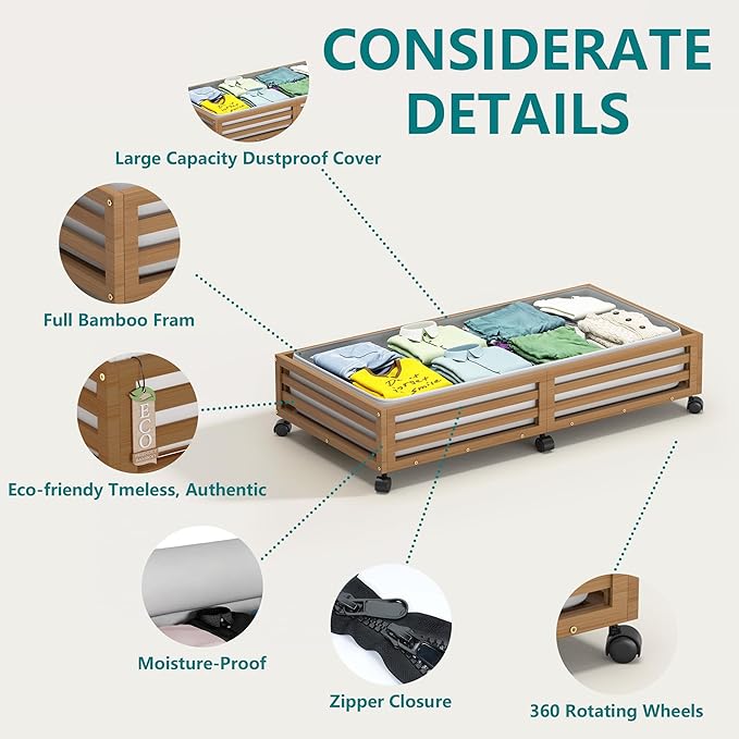 Wisuce Bamboo Under Bed Storage Containers- Underbed Organizer with Wheels with Dust Bag,Sturdy Wood Rolling Under the Bed Shoe Storage Organizer Drawers (Brwon, 2 Pack (33.07"×16.54"))