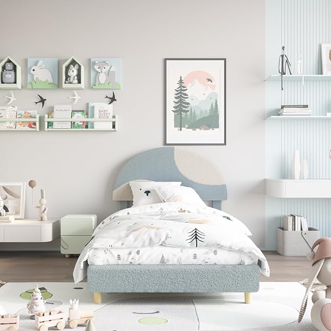 Garvee Twin Bed Frame with Upholstered Round Boucle Headboard, Arch-Shaped Design in Soft Blue and White, Modern Kids Bed with Wooden Slats, No Box Spring Required and Easy Assembly