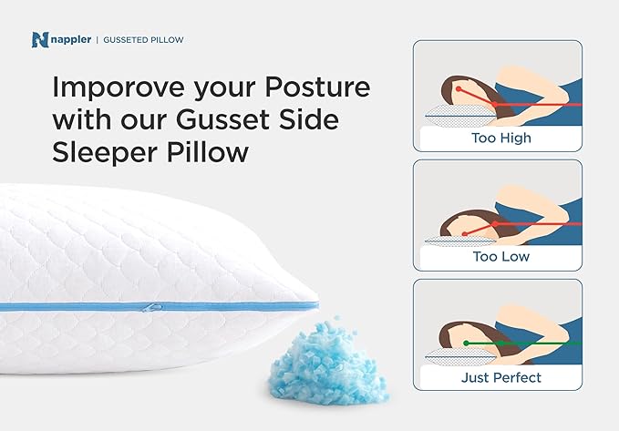 Nappler Side and Back Sleeper Pillow for Neck and Shoulder Pain Relief-Shredded Memory Foam Bed Pillow for Sleeping - 100% Adjustable Fill - Queen Size - Set of 2 - Washable Case. Extra Fill Included