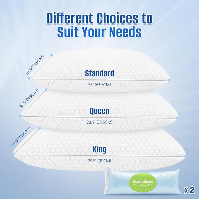 CushyOasis Shredded Memory Foam Pillow for Sleeping, Cooling Bed Pillows Set of 2, Adjustable Pillows for Side, Back, Stomach Sleepers with Washable Pillowcase (King Size, Grey)