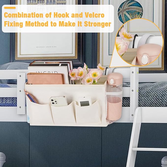 Lilithye Bedside Caddy Storage Organizer with Fixed Straps and Water Bottle Holder for Home, College, Dorm, Bunk/Hospital/Crib Bed Rails, White