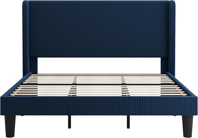 SHA CERLIN King Size Corduroy Upholstered Platform Bed Frame with Vertical Channel Tufted Wingback Headboard, 8" Under Bed Storage, Wooden Slats & Metal Frame Support, Easy Assembly, Dark Blue