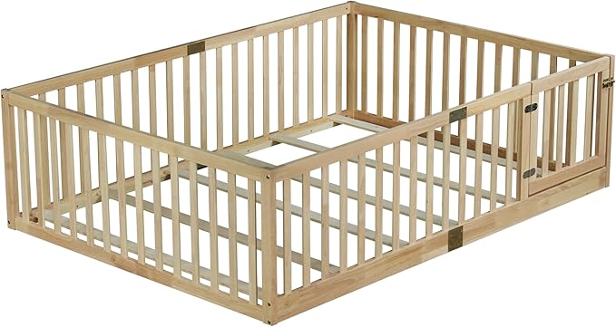 Bellemave Full Size Montessori Floor Bed with 21.5" High Rails, Rubber Wood Full Floor Bed with Slats and Door, Natural