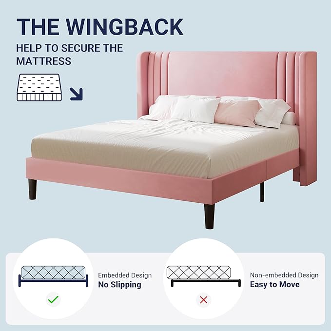 Allewie Full Size Velvet Platform Bed Frame with Vertical Tufted Wingback Headboard, Easy Assembly, Under Bed Storage, No Box Spring Required, Modern Style, Pink