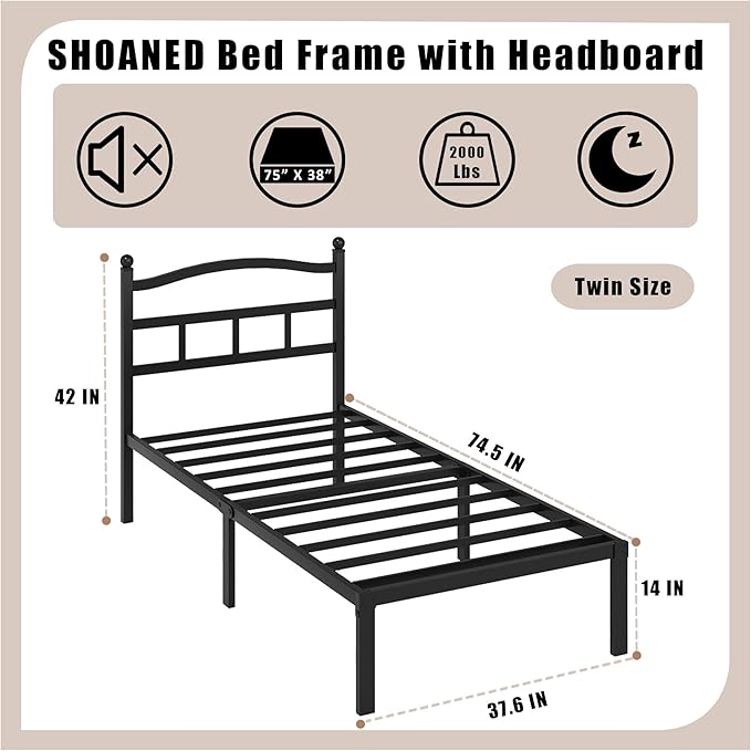 SHOANED 14 Inch Metal Bed Frame - Twin Size Heavy Duty Bedframe with Headboard Black Basic Steel Slats Platform No Box Spring Needed/Easy Assembly/Noise Free