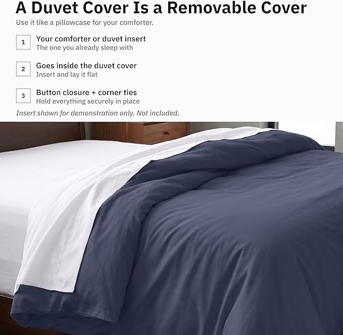 Natural 100% Cotton Duvet Cover Twin/Twin XL Only - Premium 400 Thread Count, Soft Sateen Weave, Breathable Duvet Cover, Button Closure and Corner Ties - Indigo Dusty Blue