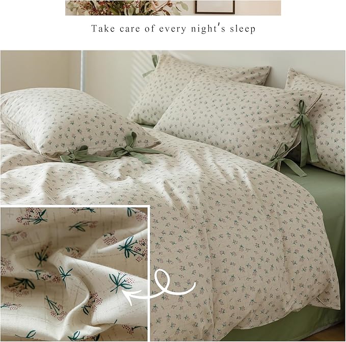 mixinni Country Style Duvet Cover King Size - Cottagecore Green Floral Vintage Bedding 3PC with Bow Ties Pillowcases, 100% Cotton Soft Aesthetic Boho Comforter Cover for Girls-King Size