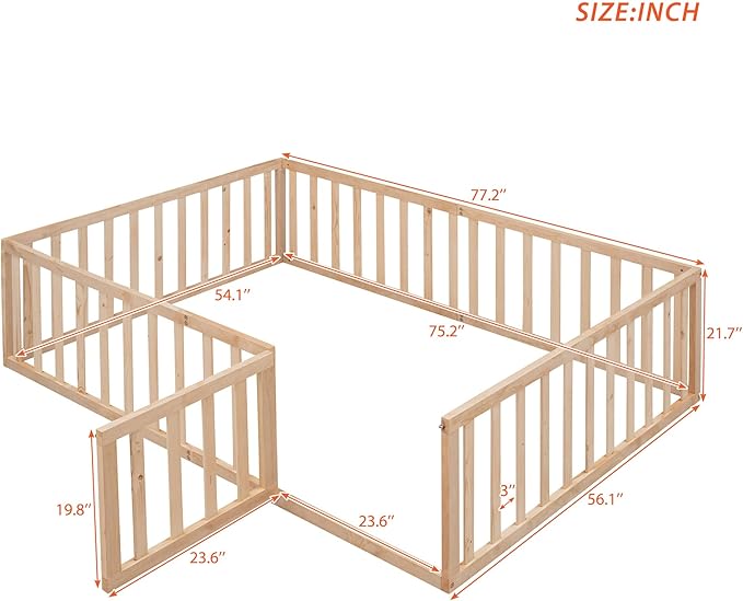 Bellemave Full Size Montessori Floor Bed with 21.7" High Rails, Pine,Plywood Floor Bed with Small Door, Natural