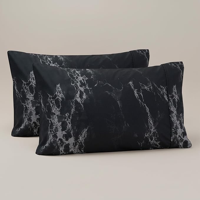 Elegant Comfort Luxury Ultra-Soft 2-Piece Pillowcase Set - 1500 Premium Hotel Quality Microfiber Double Brushed - Wrinkle Resistant, Standard/Queen, Marble Pattern Black