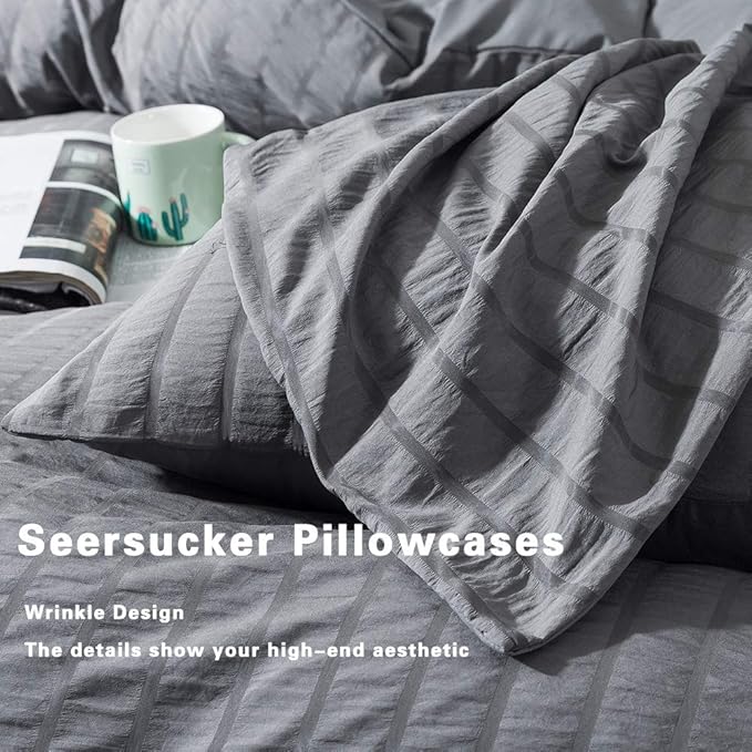 AveLom Seersucker Duvet Cover Set Full Size (80 x 90 inches), 3 Pieces (1 Duvet Cover + 2 Pillow Cases), Dark Gray Ultra Soft Washed Microfiber, Textured Duvet Cover with Zipper Closure, Corner Ties