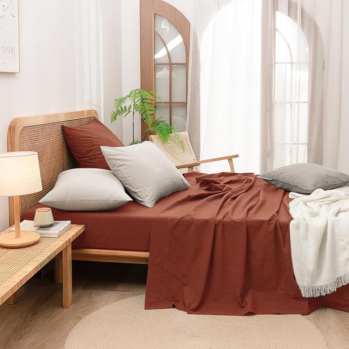 BESTOUCH 100% Washed Cotton Pillowcase for Hair and Skin Linen Feel Soft Comfortable Breathable 2 Set Pillow Case with Envelope Closure Solid Crimson Red Euro 26x26 Inches