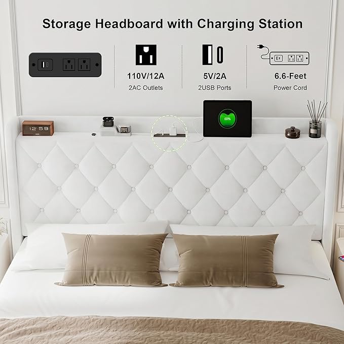 Feonase Queen Bed Frame with Storage & Charging Station - Hydraulic Lift Up Platform Bed, Upholstered Button Tufted Headboard, Sturdy Wooden Slats, Noise-Free, No Box Spring Needed,White