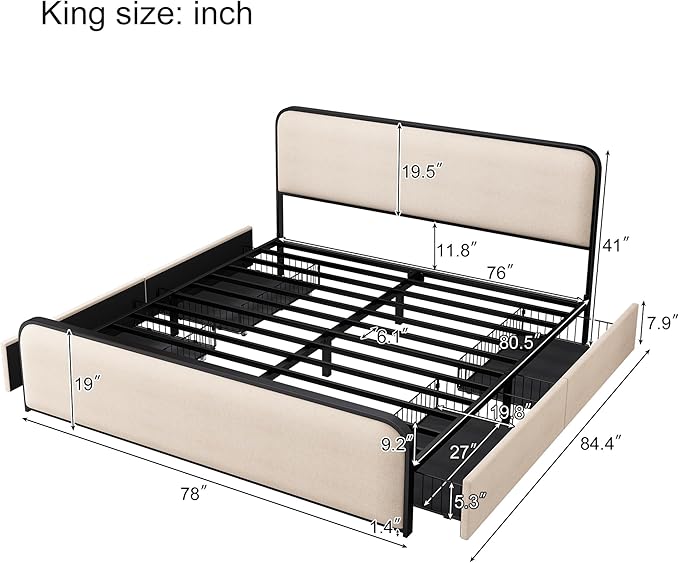 Merax Metal Platform Bed King Size with Curved Upholstered Headboard and Footboard, King Bed Frame with 4 Storage Drawers Under Bed, Heavy Duty Metal Slats, No Box Spring Needed, Easy Assembly, Beige