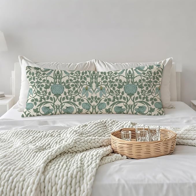 Vintage Green Floral 20x54 Body Pillow Cover, Cottagecore Room Decor, Retro Green Flowers Botanical Art Nouveau Decorative Long Body Pillow Cases for Bed Couch