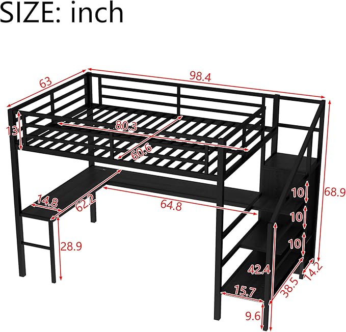Queen Size Loft Bed with Desk and Wardrobe, Metal Heavy Duty Loft Bed with Storage Stairs, LED Lights, USB Port, LoftBed Frames for Kids, Junior, Space Saving, Noise Free (Black, Queen)