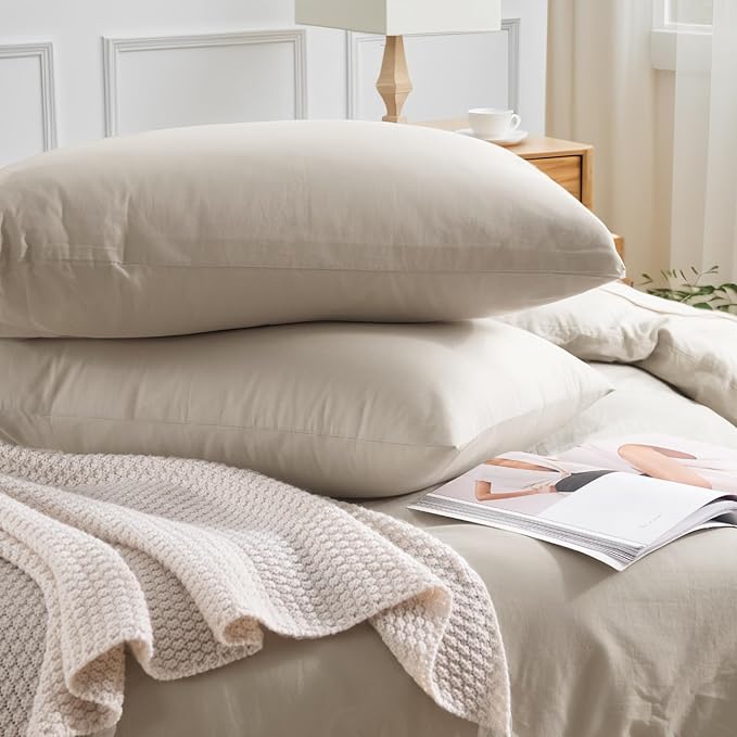 NEXHOME PRO Queen Duvet Cover Set – 100% Certified Organic Cotton with Washed Feel & Linen-Like Texture, Comfortable & Breathable, Home Bedding Set Light Linen (No Comforter)