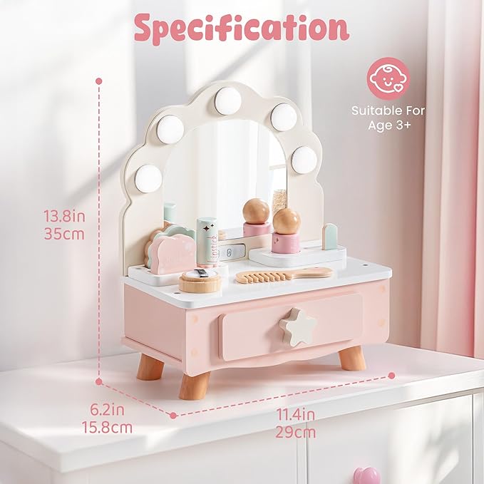 ROBOTIME Toddler Vanity Makeup Table Toy with Mirror & Light, Wooden Kids Makeup Vanity Set, Dressing Table with Accessories and Lights, Pretend Makeup Set for Little Girls