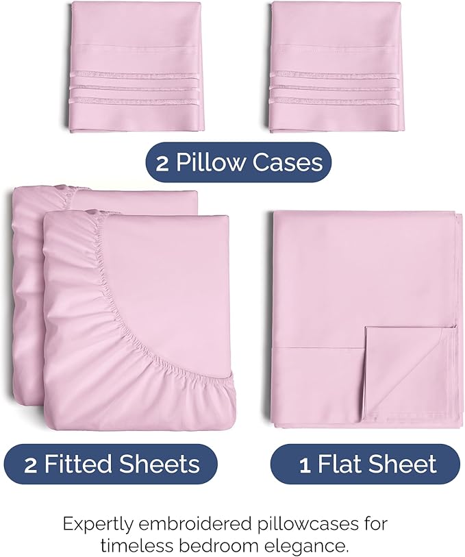 Split King Size 5 Piece Sheet Set - Comfy Breathable & Cooling Sheets - Hotel Luxury Bed Sheets for Women & Men - Deep Pockets, Easy-Fit, Soft & Wrinkle Free Sheets - Light Pink Oeko-Tex Bed Sheet Set