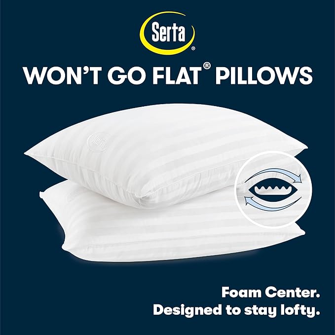 Serta Won't Go Flat Standard/Queen Size Set of 2 Down Alternative Bed Pillows, Extra Life Foam Core with Medium Support, Perfect for Back, Stomach or Side Sleepers, White
