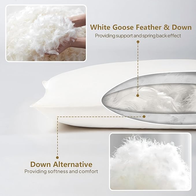 Goose Feather Pillows Standard Size Set of 2, Ultra Soft 700 TC Organic Cotton Shell, 900 FP Down Pillow for Sleep, Luxury Hotel Collection Bed Pillows 2 Pack for Side Back Stomach Sleepers, 18"x26"