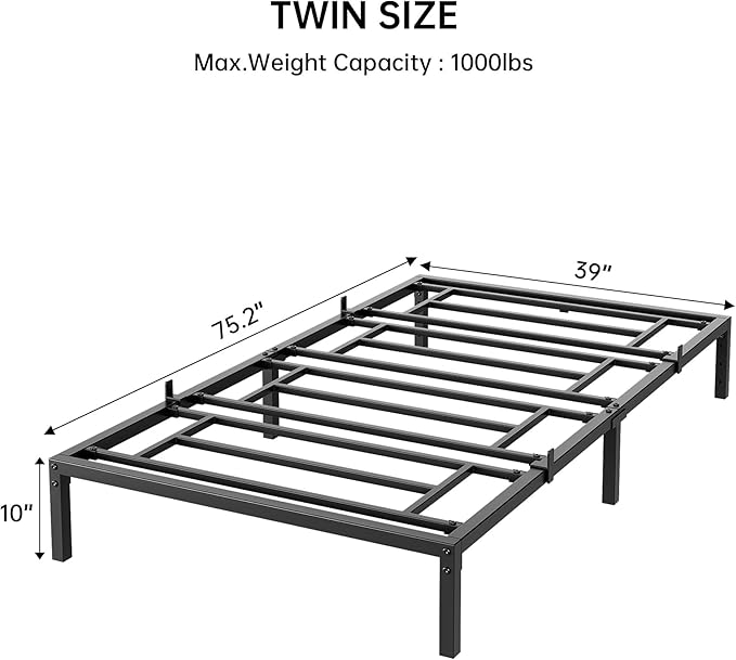 GarveeHome Twin Size Bed Frame, 10 Inch Metal Platform Bed Frames with Heavy Duty Steel Slat Support, No Box Spring Needed, Noise Free,Anti-Sliding Slat,Easy Assembly, Under Bed Storage