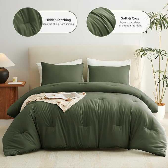 CozyLux California King Comforter Set Olive Green, 3 Pieces Cal King Solid Breathable Bedding Sets for All Seasons, Luxury Soft Lightweight Bed Set with Down Alternative Comforter and 2 Pillowcases