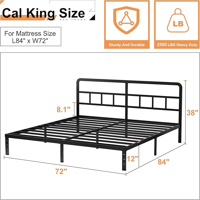 Husleephu California King Bed Frame with Headboard, 12 Inch Heavy Duty Metal Platform Cal King Bed Frame, No Box Spring Needed, Noise Free, Easy Assemble, Black