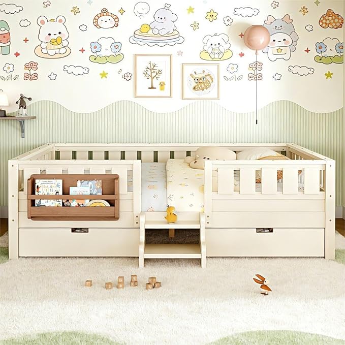 Bellemave Queen Bed with Storage Drawers & Bookshelf, Low Profile Kids Bed Frame with Staircase & Full Length Guardrails, Solid Wood Queen Bed for Kids with Slats Load 550LBS, Easy Assembly, Beige