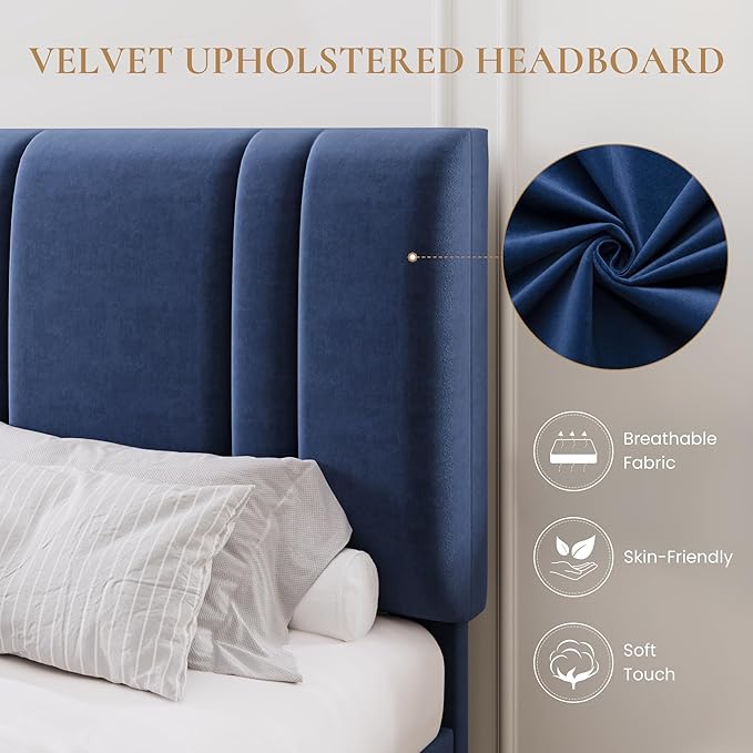 SHA CERLIN Full Size Platform Bed Frame, Velvet Upholstered Bed with Adjustable Headboard, Vertical Channel Tufted Design, Sturdy Wood Slat Support, No Box Spring Needed, Easy Assembly, Dark Blue