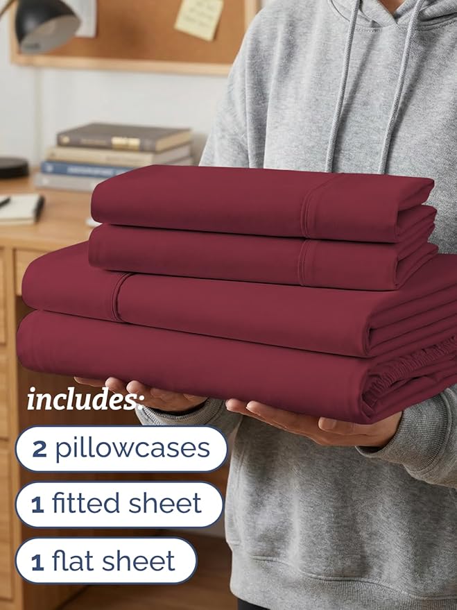 Twin XL 4 Piece Sheet Set - Comfy Breathable & Cooling - Hotel Luxury Bedding for Women, Men, Kids, Teens & Children - 1 Flat & 1 Fitted Sheet & 2 Pillowcases w/ Deep Pockets - Wrinkle Free - Burgundy