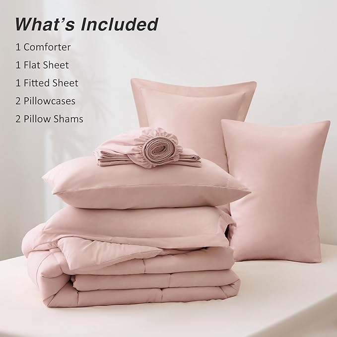 Love's cabin Queen Comforter Set Blush Pink, 7 Pieces Queen Bed in a Bag, All Season Bedding Sets with 1 Comforter, 1 Flat Sheet, 1 Fitted Sheet, 2 Pillowcase and 2 Pillow Sham | Soft, Breathable, Lightweight, Comfortable