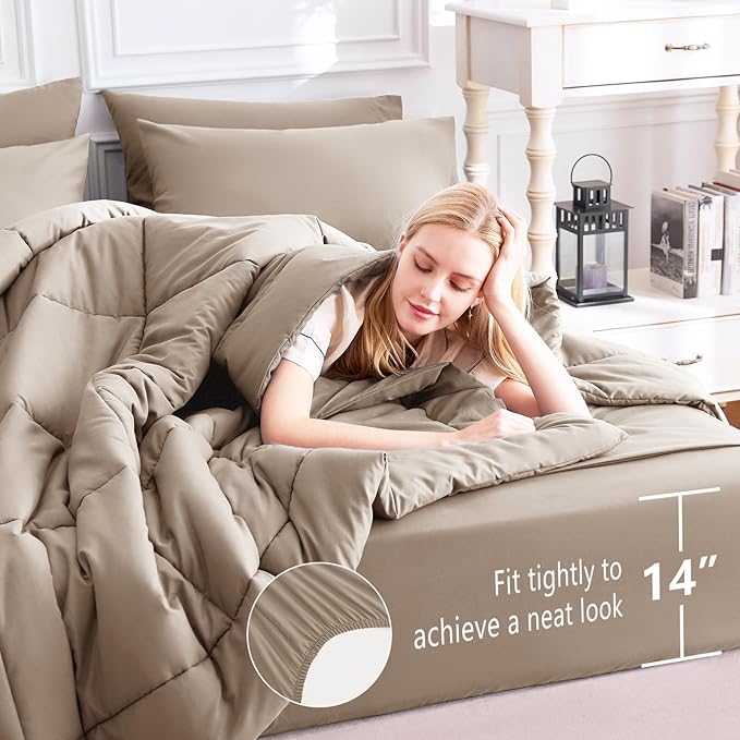 CozyLux Full Size Comforter Sets Khaki, 7 Pieces Bed in a Bag, Khaki Comforter Full Size, All Season Bedding Sets with Stitch Quilted Comforter, Flat Sheet, Fitted Sheet, Pillowcases